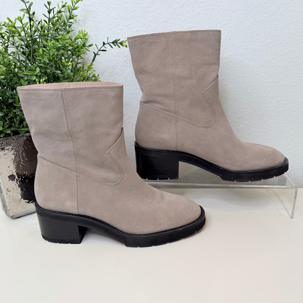 Stuart Weitzman Boulevard Moto Suede Ankle Boots Taupe Lug Sole Chic 10B ($690)